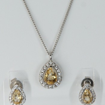 Sterling Silver/CZ/Citrine Teardrop Earrings and Pendant Set